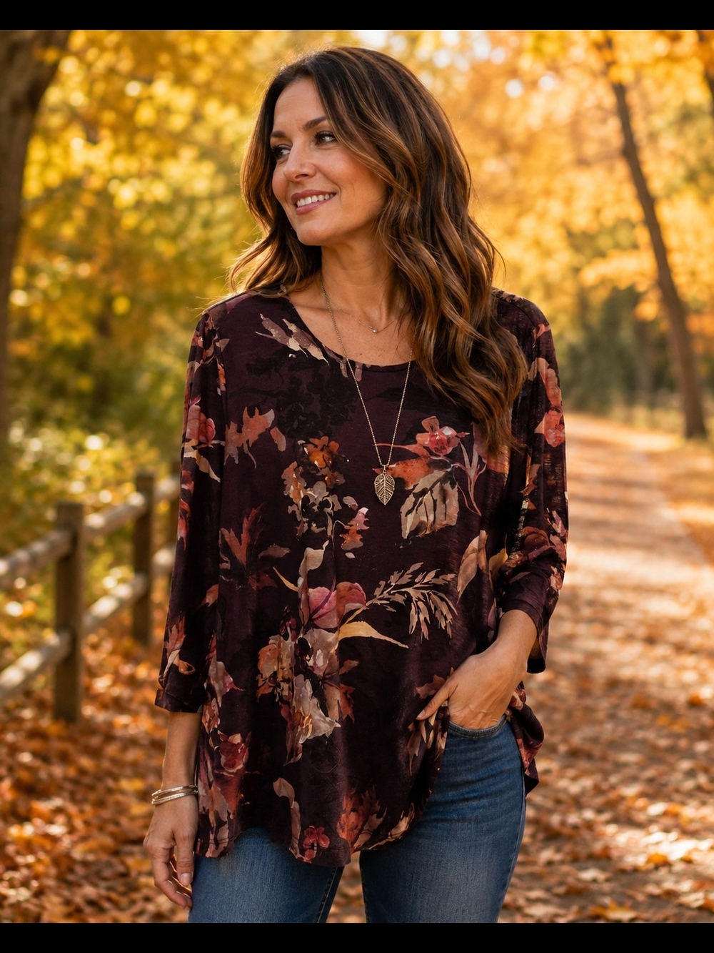 CJ Banks Burgundy Floral Long Sleeve Tunic Top